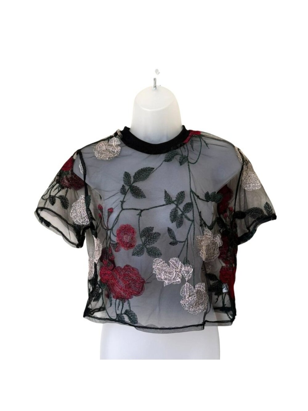 Sheer Black Floral Embroidered Short Sleeve Mesh Crop Top Size L - Picture 1 of 4